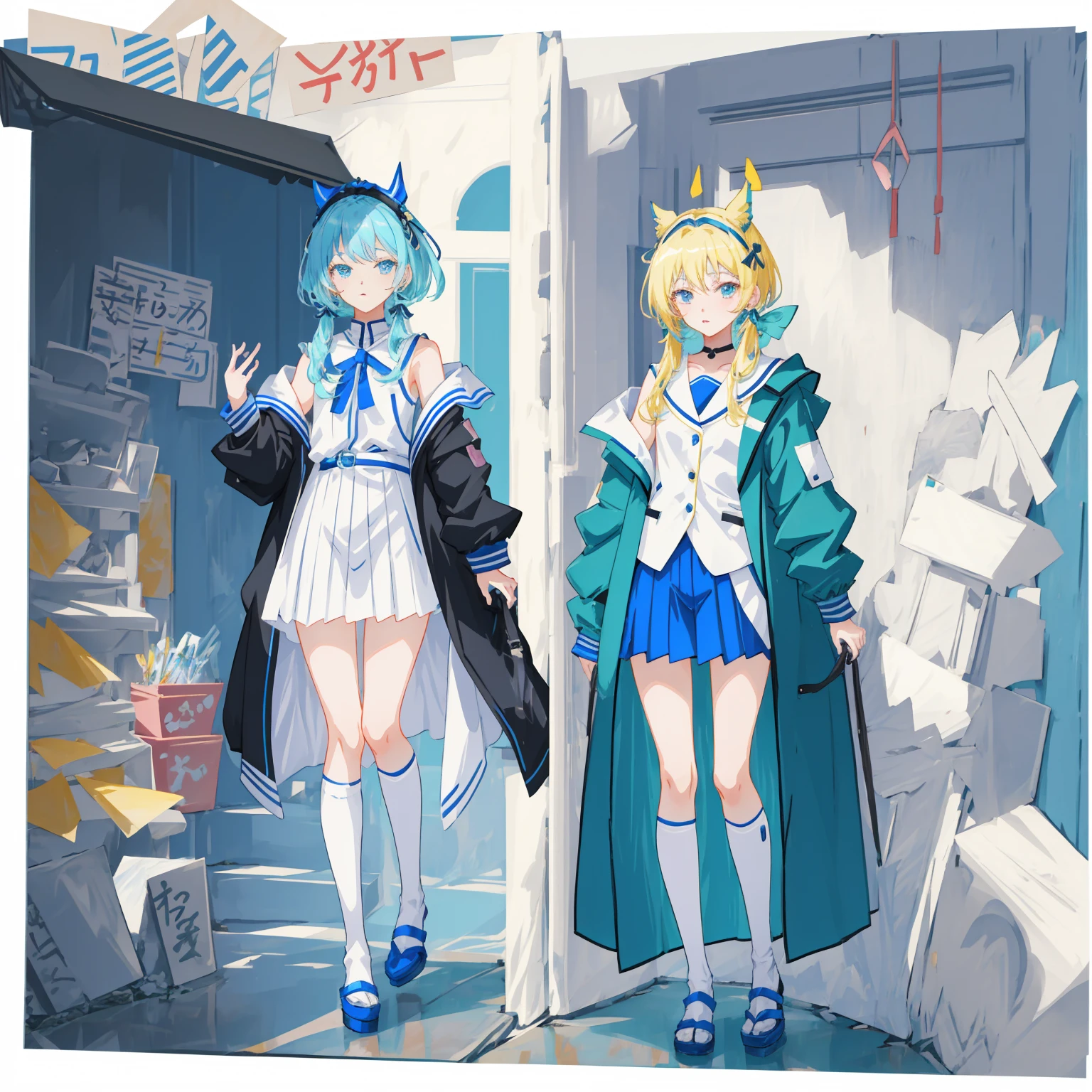 anime - style image of a character with a variety of hair and accessories, anime set style, anime character reference sheet, fantasy uniform, flat anime style, anime full body illustration, full_body!!, complete detailed body, extra detailed body, anime vtuber full body model, soft anime illustration, anime style character, clean detailed anime style,