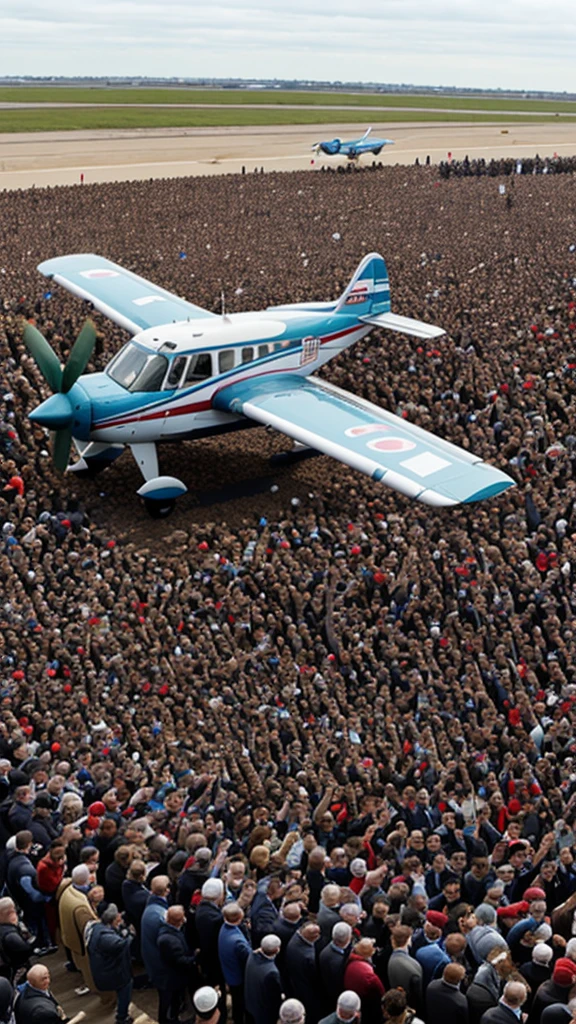 A crowd in Calais cheering as Quimby lands her small plane, celebrating her achievement