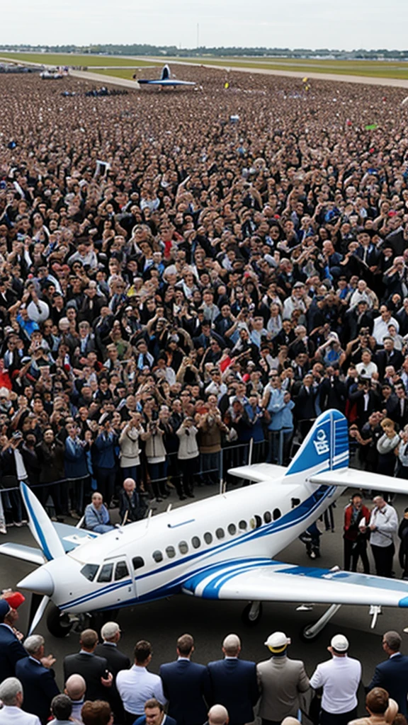 A crowd in Calais cheering as Quimby lands her small plane, celebrating her achievement
