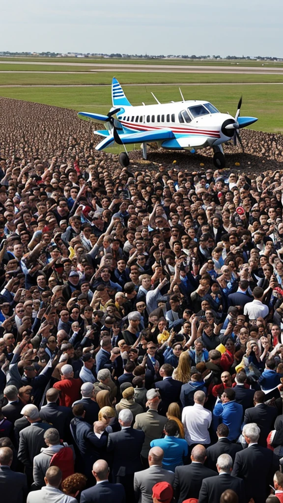 A crowd in Calais cheering as Quimby lands her small plane, celebrating her achievement