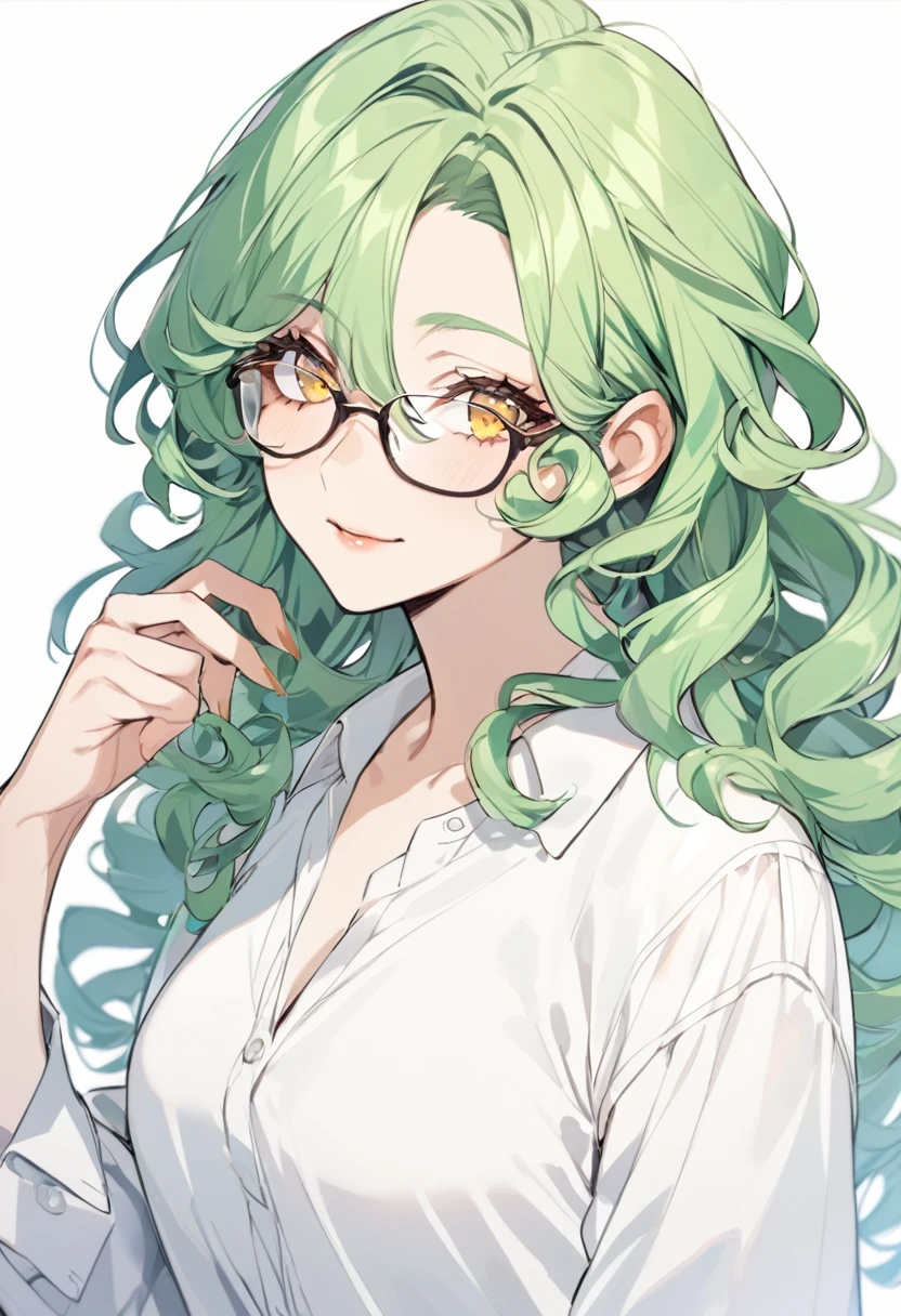 girl, curly hair, long hair, yellow eyes, green hair, mature, glasses