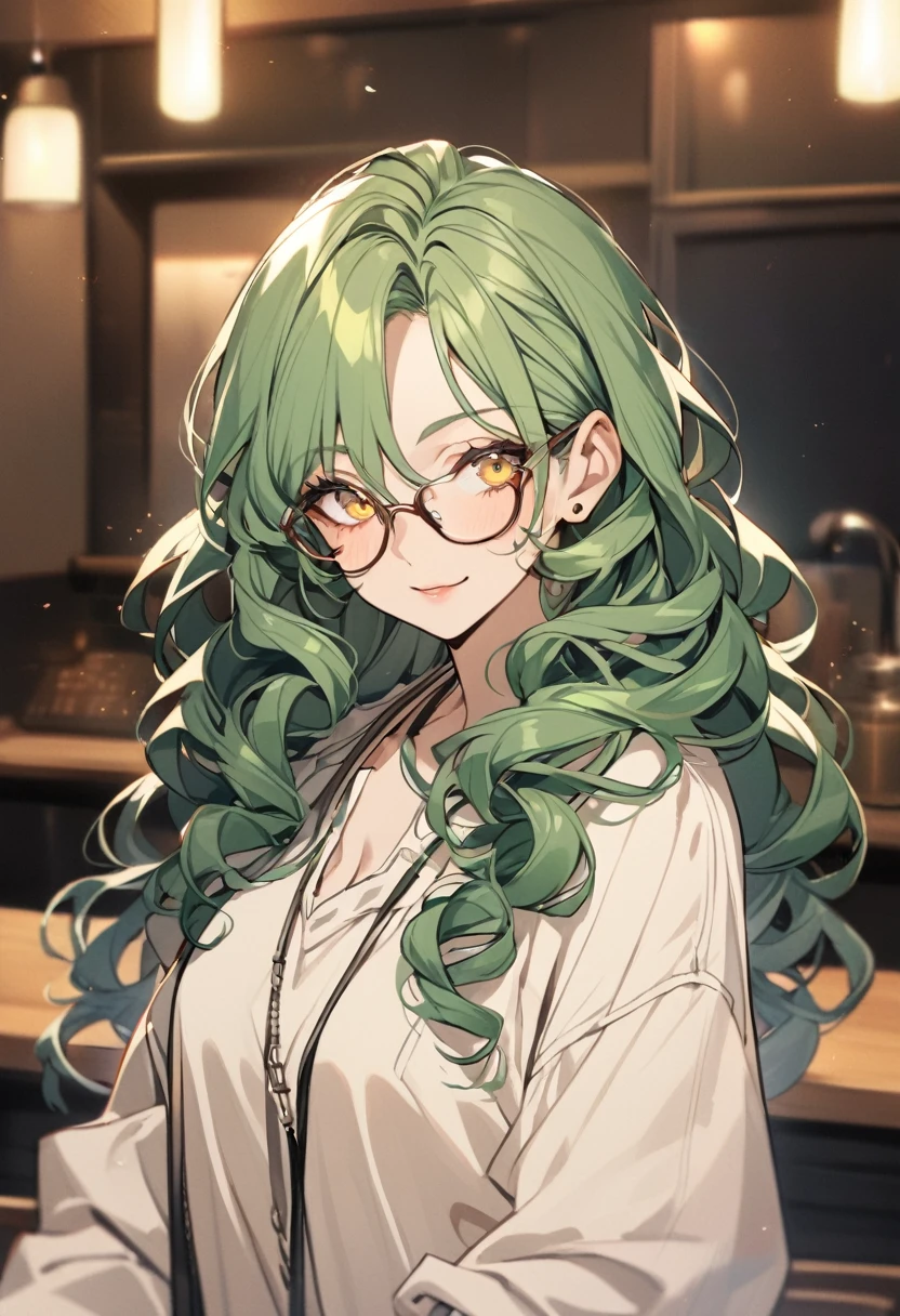 girl, curly hair, long hair, yellow eyes, green hair, mature, glasses