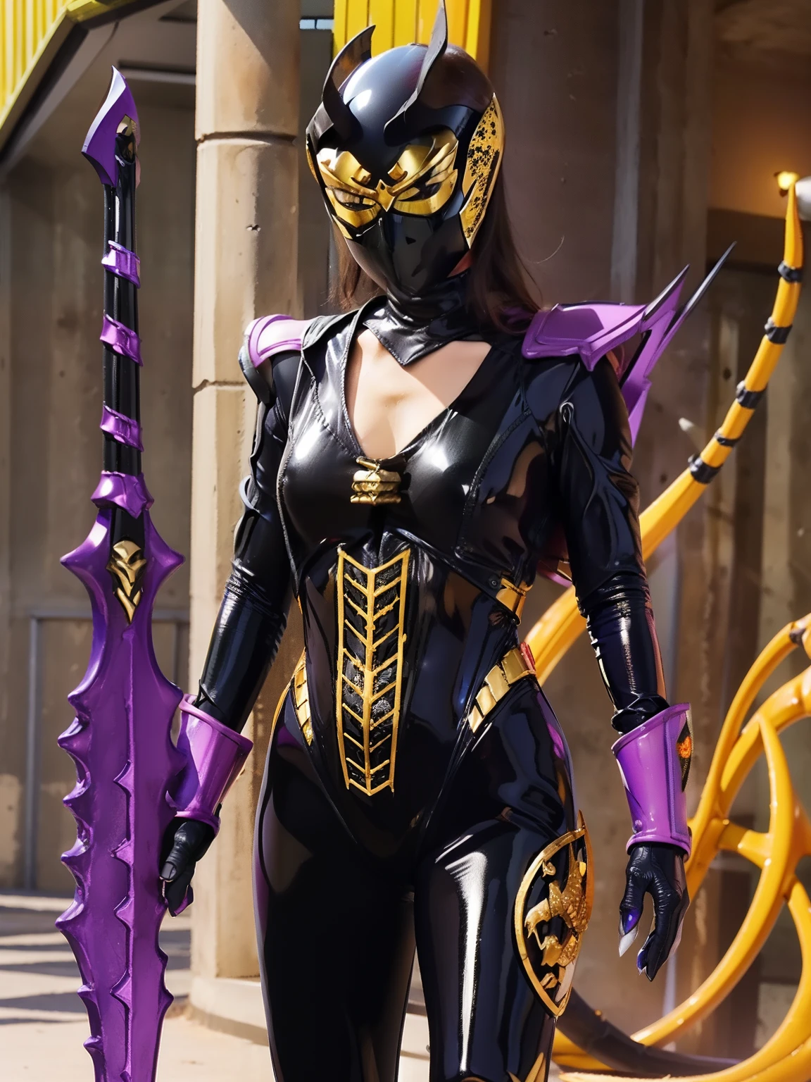 (Scorpion-themed helmet), (woman:1.1), (Black  suit:1.1), (Impressive decor:1.1), Lock, Sickle, (Alchemy-style equipment:1.1), (Purple image color:1.1)