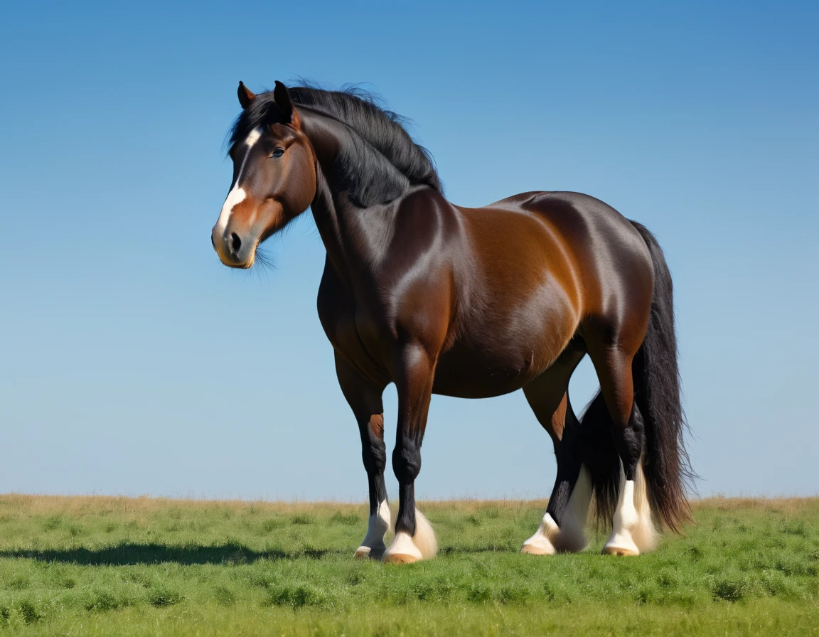 big shire horse mare. massive bum. very short tail. horse facing horizon . very full figured, very dark skinned, BBW, nude African woman riding horse. flat grass meadow. a single huge pile of steaming horse dung behind horse. cloudless blue sky.