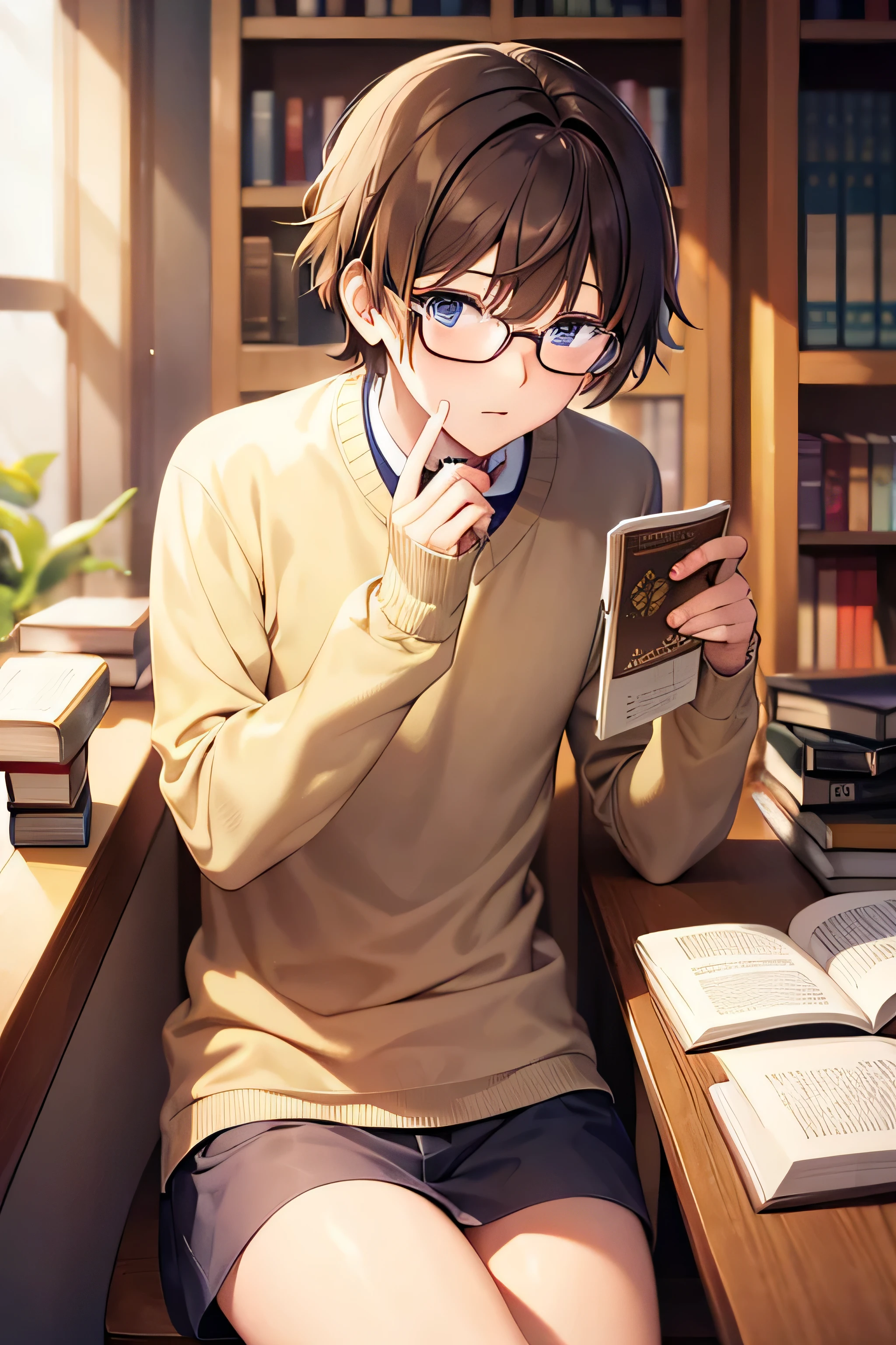 Anime boy with brown hair and wear a cream sweater and glasses reading a book sit in library