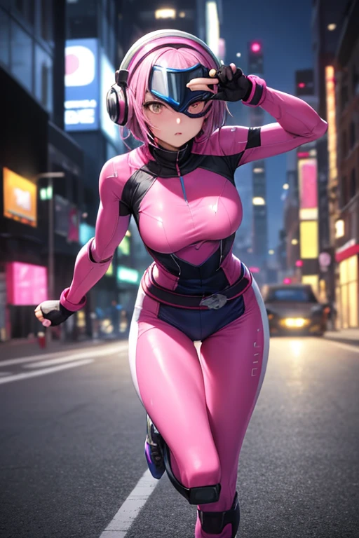 ((best quality)), ((masterpiece)), (detailed), 1 girl, full body, 20s, young adult, eye mask, black helmet that covers her entire head, smooth head, biker helmet, biker helmet with blue headphones on the sides, flashlight on her forehead, short pink hair coming out of her helmet, black collar, tall, slim, athletic, circles on her wrists, pink details, black fingerless gloves, pink wristbands, nanotech speedster suit that resembles light armor, blue chest with an emblem, blue chest, black suit with pink lines, pink speed emblem on her chest, pink emblem, blue pants, gray knee pads, metallic pink boots, white superhero belt, running through the city, pink light trail, laser, city background, anime