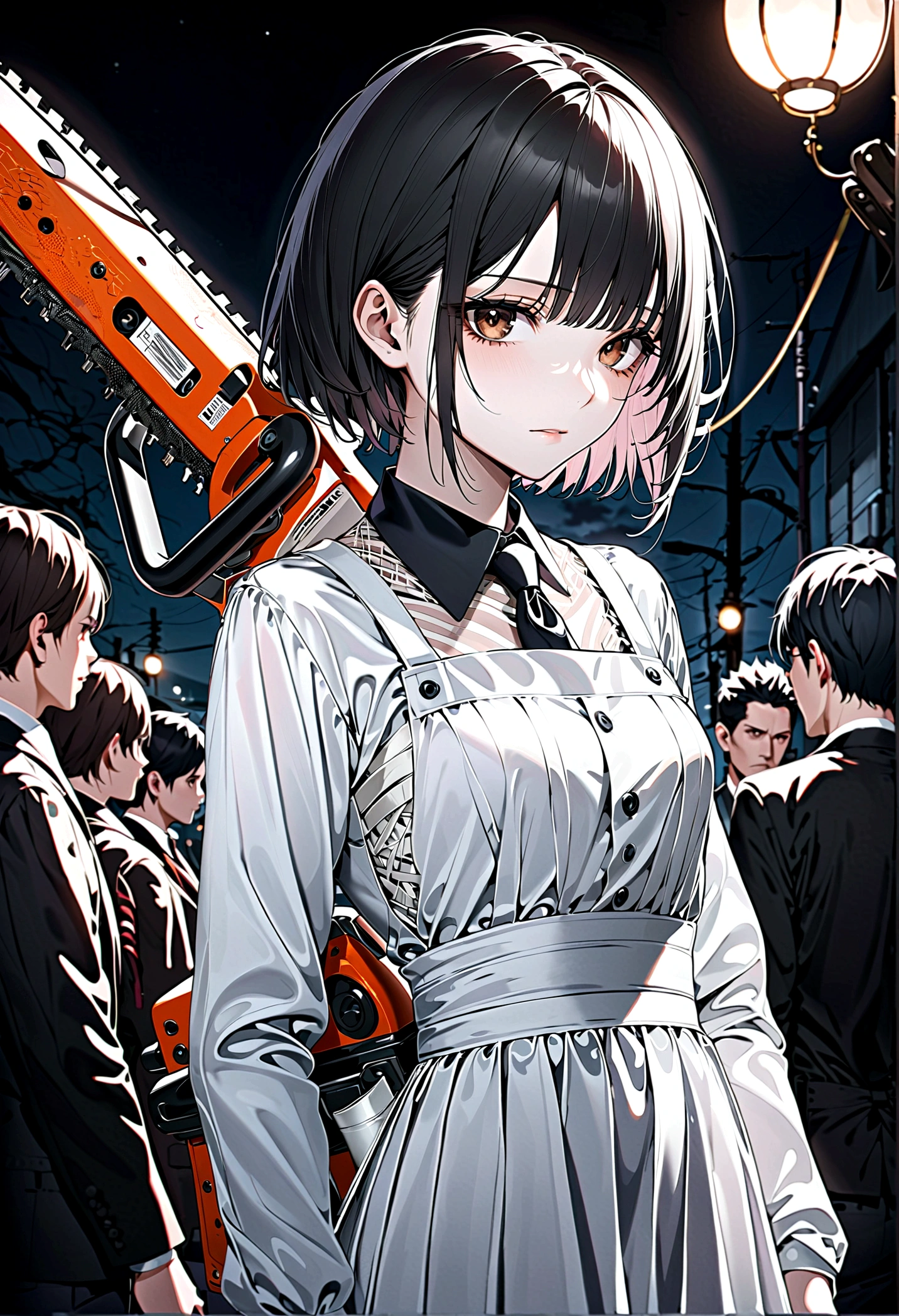 ((masterpiece, best quality)), (1 Girl), (Solitary), (Women&#39;s Focus), night (Chainsaw Man),(Very detailed face, Real images, Realistic white skin, Realistic body, Intricate details), Upper Body, Serious , Brown eyes, Looking at the audience, bandage over the body, Black Hair, Long-sleeved shirt, Apron Dress, Black tie, bandage, bandage, Small Breasts