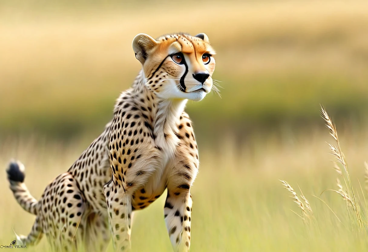 (Cheetah), grassland, Run, speed, grace, wild, fast, nature, Predator, Brilliant, Chasing prey, muscle, Powerful, Light of the sun,
広大なgrasslandを背景に、Cheetahが全速力で走っている姿を捕らえた画像。Cheetahのmuscleの動きとその速さを強調し、natureの光がCheetahを照らしている。