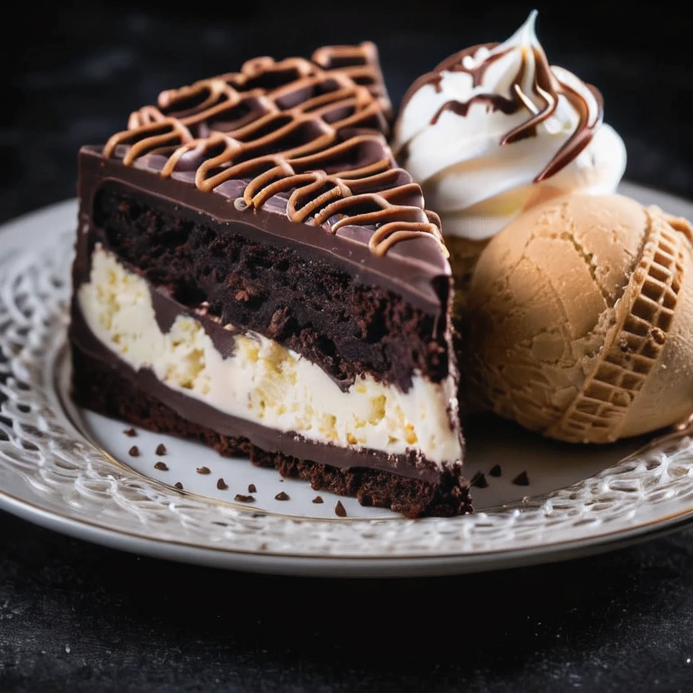 cake, ice cream, chocolate, intricate detail ,dark background , HD, 8k, Photography,