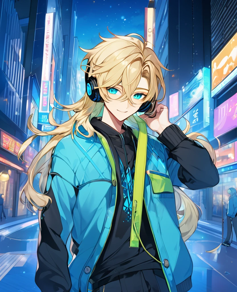 (Blonde_hair),(long_male_hair), (cyan_vibrant_eyes), (detailed_eyes), (warm_smile), (attractive), (background_colorful_night_city), (male), (detailed_Hair), (detailed), (wears_19's_outfit), (uses_headphones)