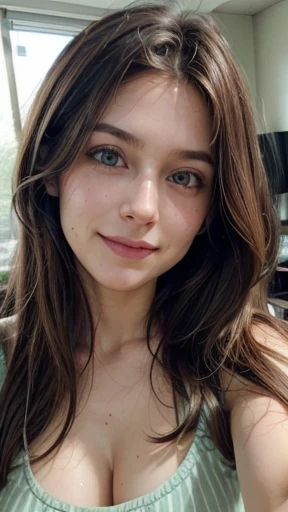 White woman, 35 years old, Brown hair, long hair, messy hair, simetric face, Green eyes, Nice body, smile, shy, downblouse