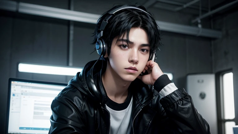 Anime-style teenage boy with black hair, wearing a black jacket, headphones around his neck, looking at the screen