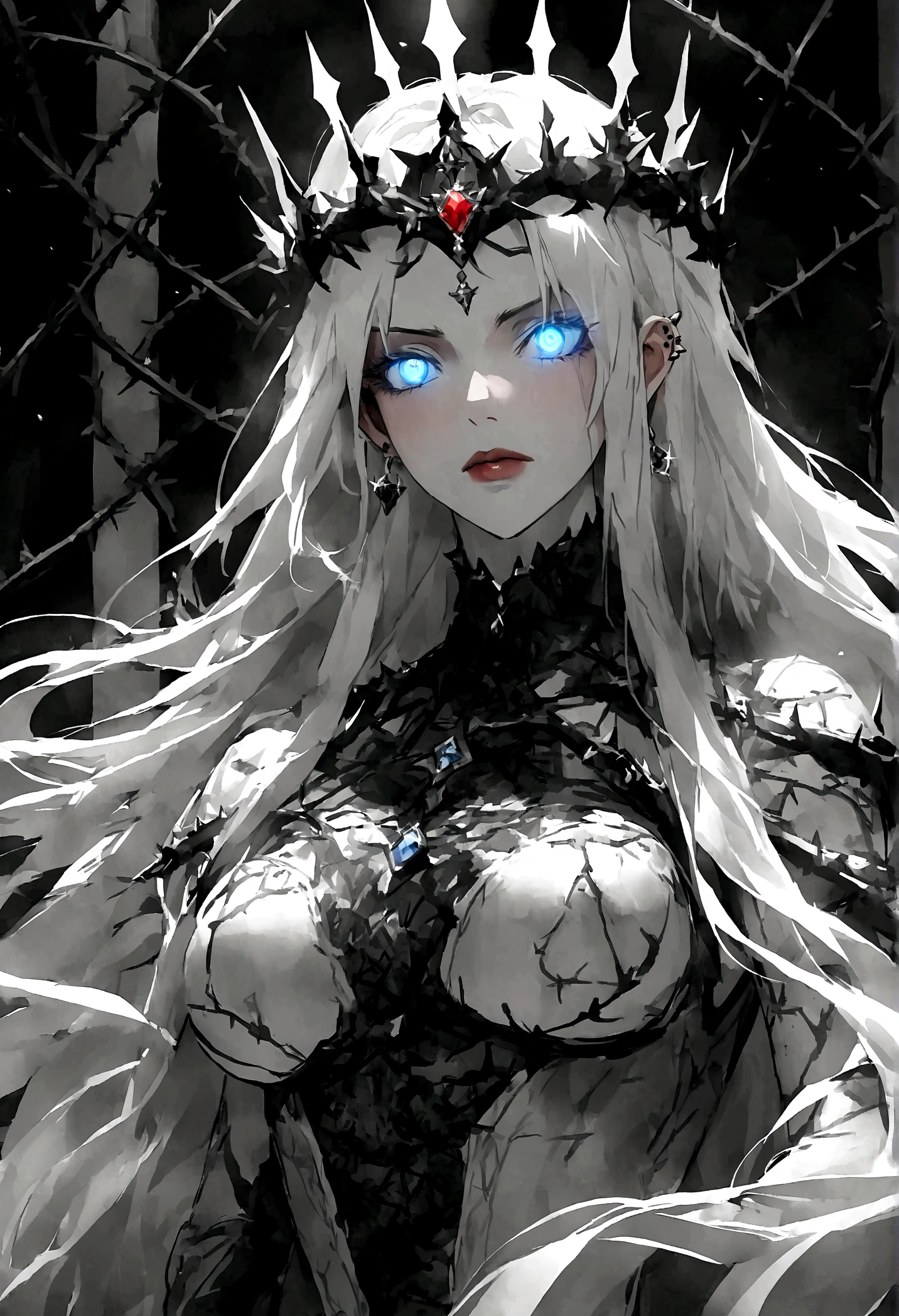 Thorns piercing the body，Long hair，Glowing eyes，Black and white，Crown of thorns，grace，Queen