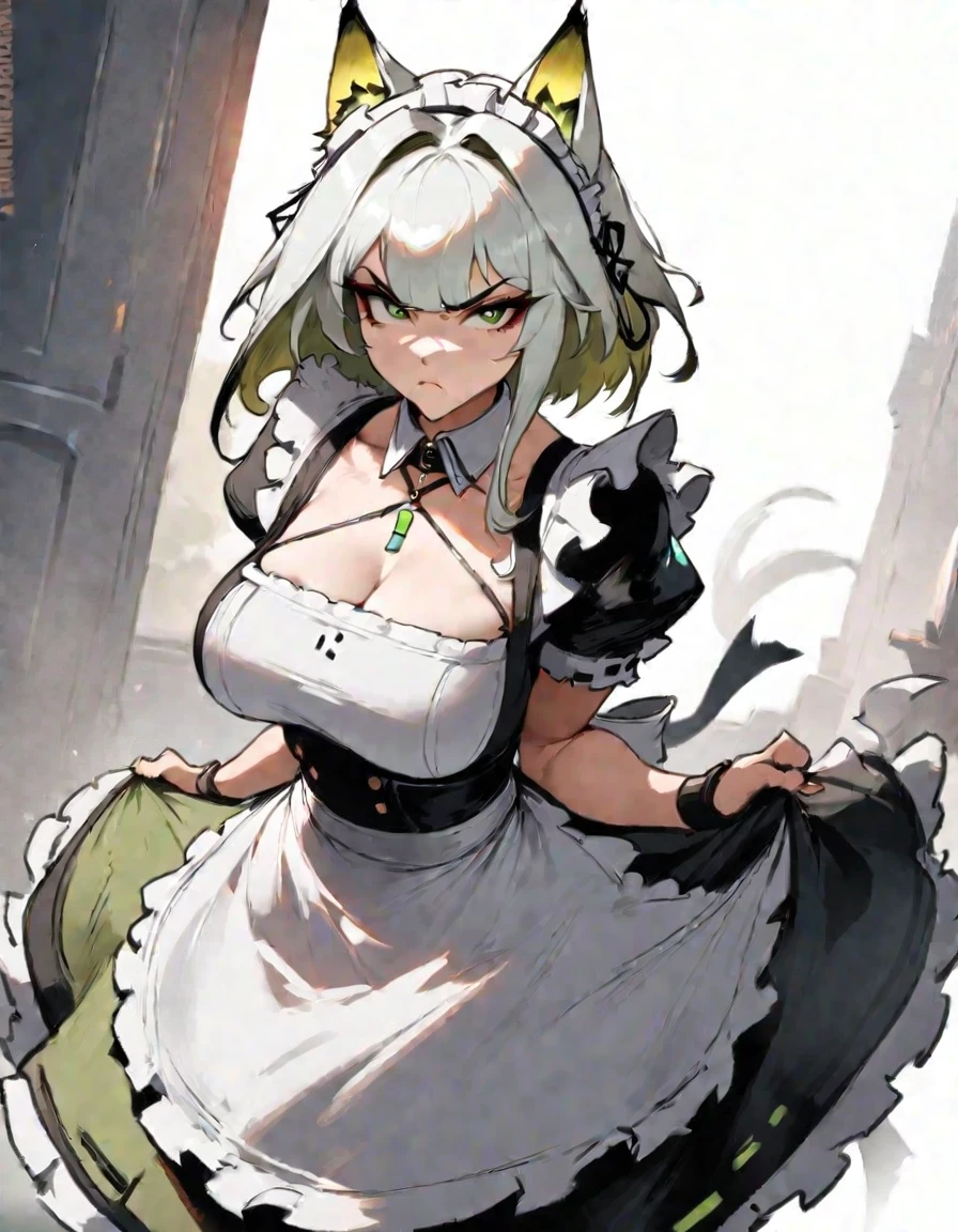 1girl, kal'tsit \(arknights\), arknights \\\\\ masterpiece, best quality, very aesthetic, absurdres, newest \\\\\\ slim body,///// ,by nyantcha,cutesexyrobutts , by khyle,,////// beautiful face, sexy, serious, angry, green eyes, animal ears, big tits,victorian maid
, solo,maid uniform, ,skirt, black and white clothes, white background