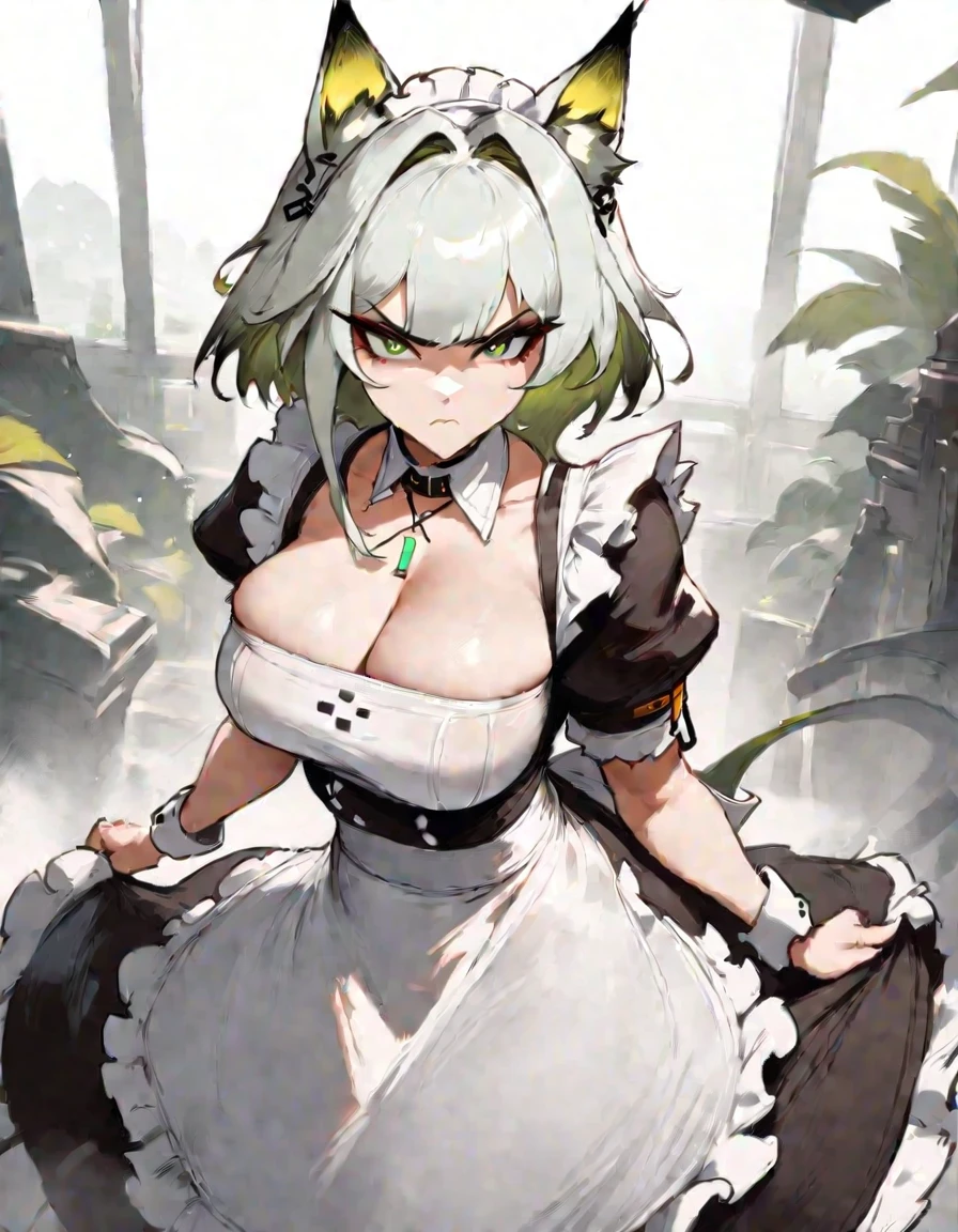 1girl, kal'tsit \(arknights\), arknights \\\\\ masterpiece, best quality, very aesthetic, absurdres, newest \\\\\\ slim body,///// ,by nyantcha,cutesexyrobutts , by khyle,,////// beautiful face, sexy, serious, angry, green eyes, animal ears, big tits,victorian maid
,  solo,maid uniform, ,skirt, black and white clothes, white background