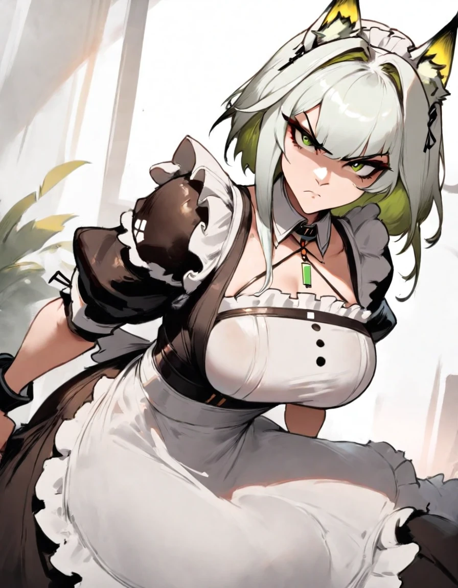 1girl, kal'tsit \(arknights\), arknights \\\\\ masterpiece, best quality, very aesthetic, absurdres, newest \\\\\\ slim body,///// ,by nyantcha,cutesexyrobutts , by khyle,,////// beautiful face, sexy, serious, angry, green eyes, animal ears, big tits,victorian maid
,  solo,maid uniform, ,skirt, black and white clothes, white background