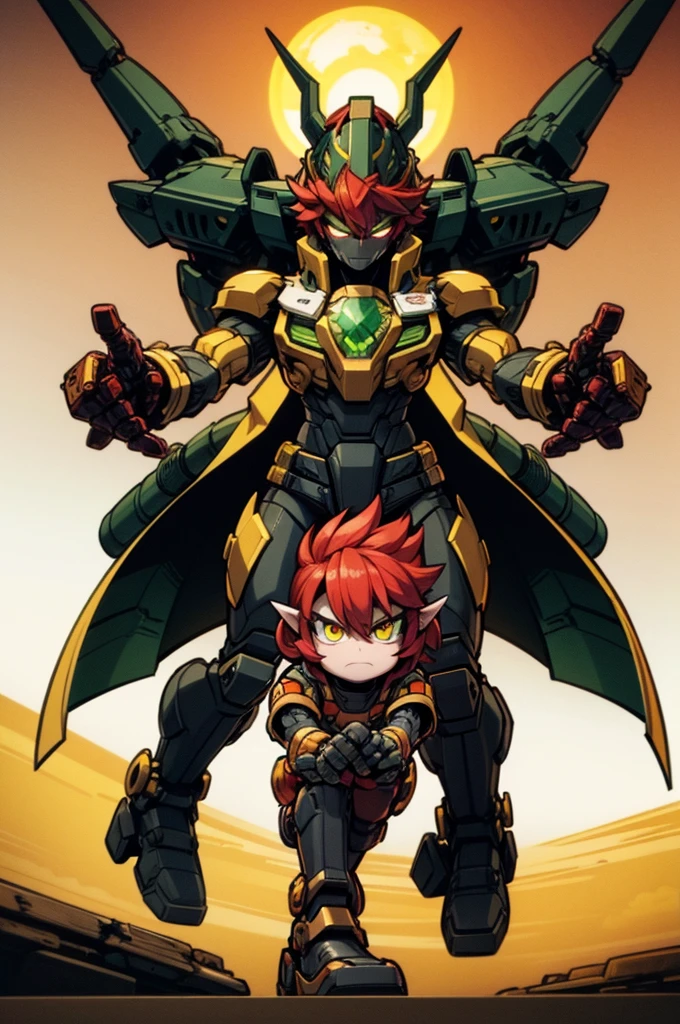 goblin engineer, red hair, golden eyes, green-skinned, full body art, battle suit perfectly adorned.
