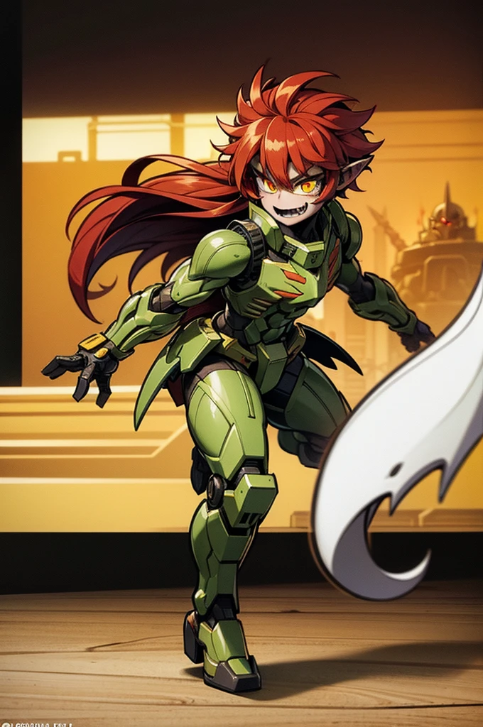 goblin engineer, red hair, golden eyes, green-skinned, full body art, battle suit perfectly adorned.