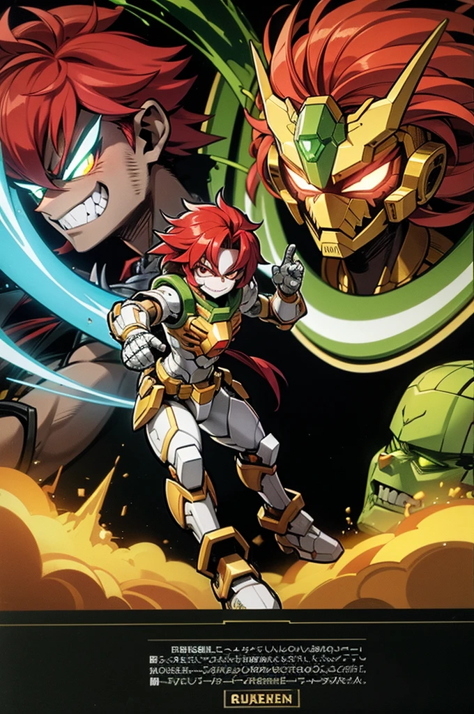 goblin engineer, red hair, golden eyes, green-skinned, full body art, battle suit perfectly adorned.