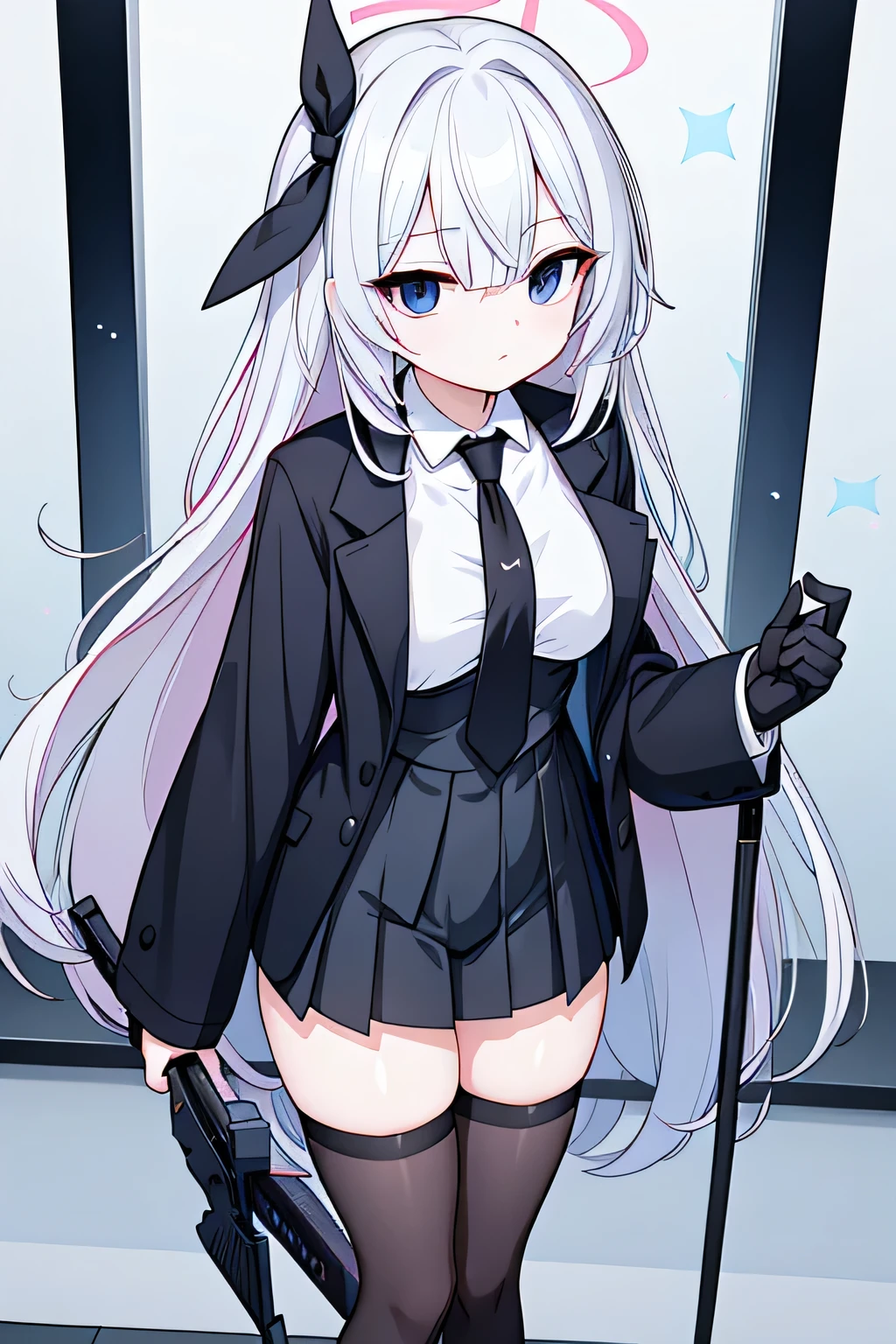 masterpiece) {best quality], [very beautiful], [Ultra Fine], [best illustration],Black miniskirt ,black gloves , sexy women , assassin ,bare legs, pleated skirt ,thighs , Black Shoes , stockings , gatherbelt , dress shirt , shorts blazer , black long tie , Chic look , standing posture , clear face , View from above