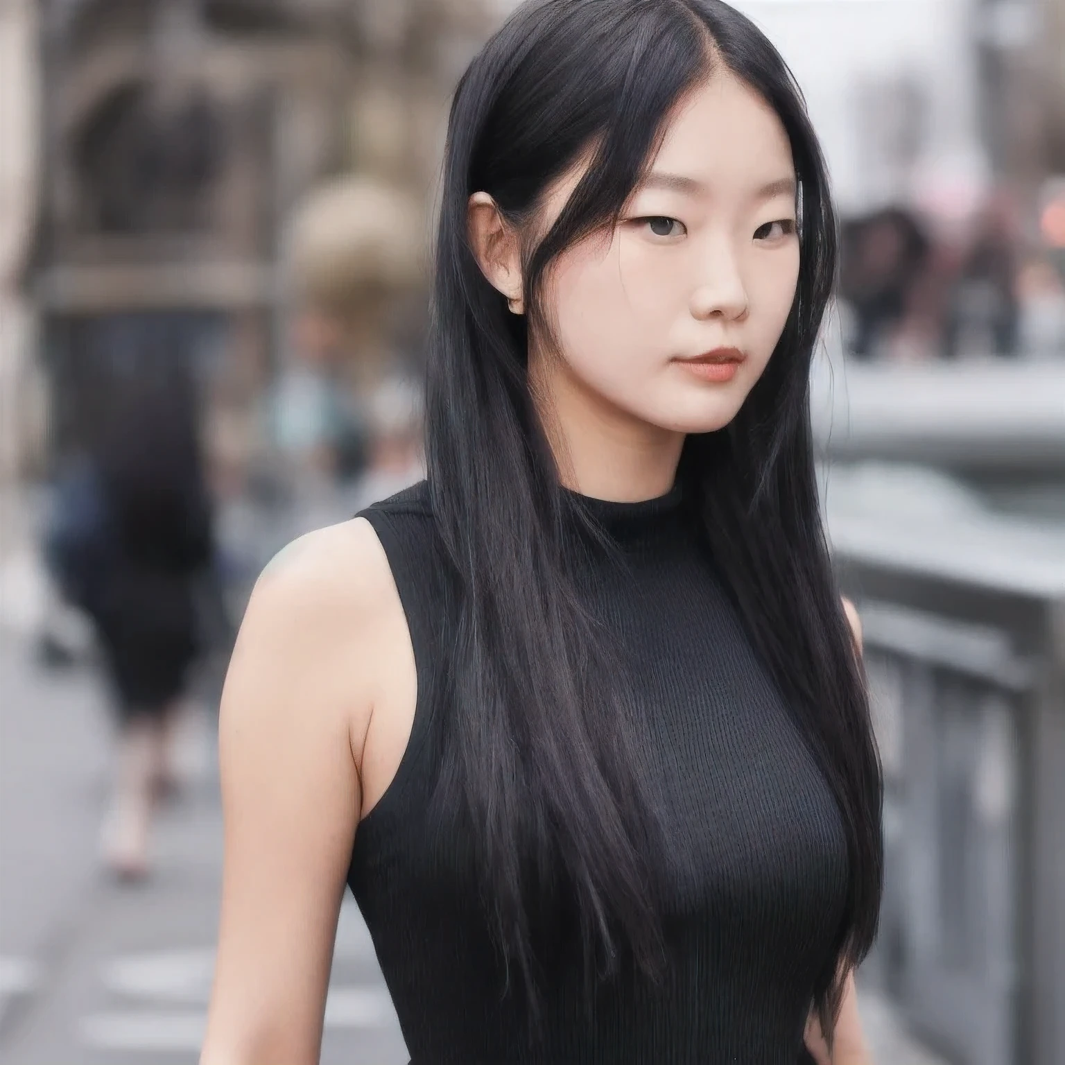 A girl in a 紫粉 dress poses for a photo, Sleek black hair, Hair tied into a sleek low ponytail, Comb your hair back, 短Comb your hair back, She wears a black vest, 2 4-year-old female model, very 短Comb your hair back, Slicked-back hair, 30-year-old French girl, 1 girl, 独奏，a girl in a black dress posing for a picture, slicked black hair, hair in slick low ponytail, slicked-back hair, short slicked - back hair, she is wearing a 紫粉 tank top, 2 4 year old female model, very short slicked - back hair, slicked back hair, 30-year-old french girl，