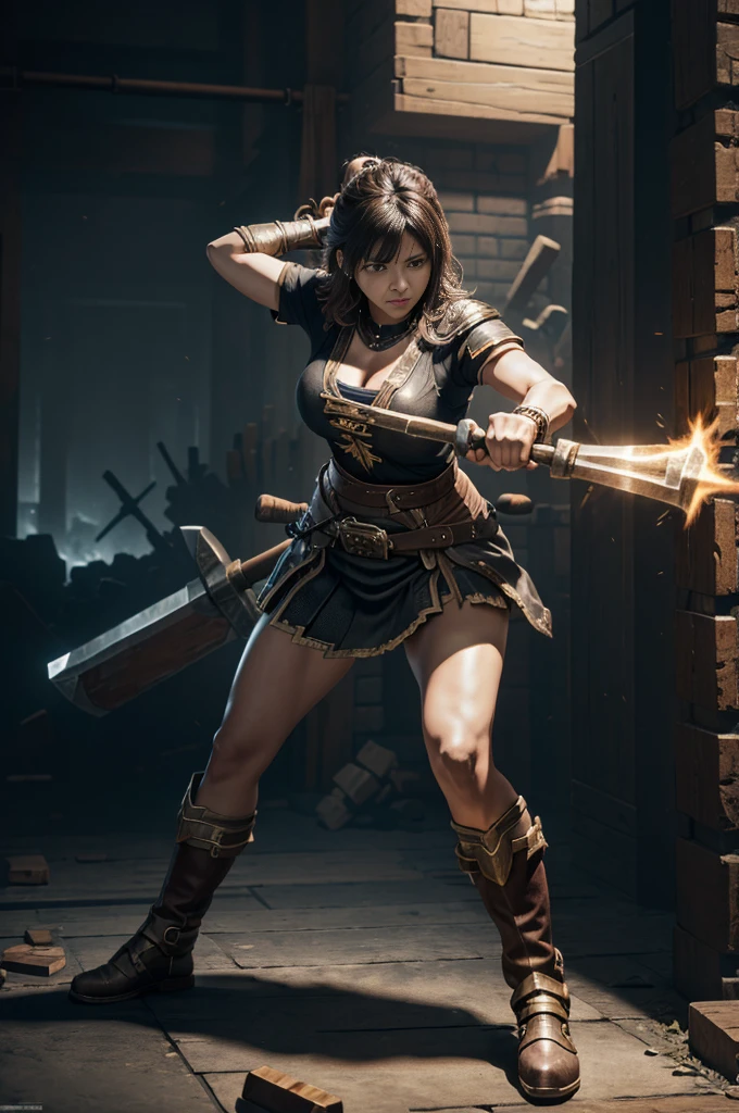 ((Offensive Stance)), ((wielding large hammer)), (Highly detailed CG Unity 16K wallpaper:1.1), (Denoising strength: 1.45), (tmasterpiece:1.37), Game style, blacksmith, hyper HD, Dark Fantasy,