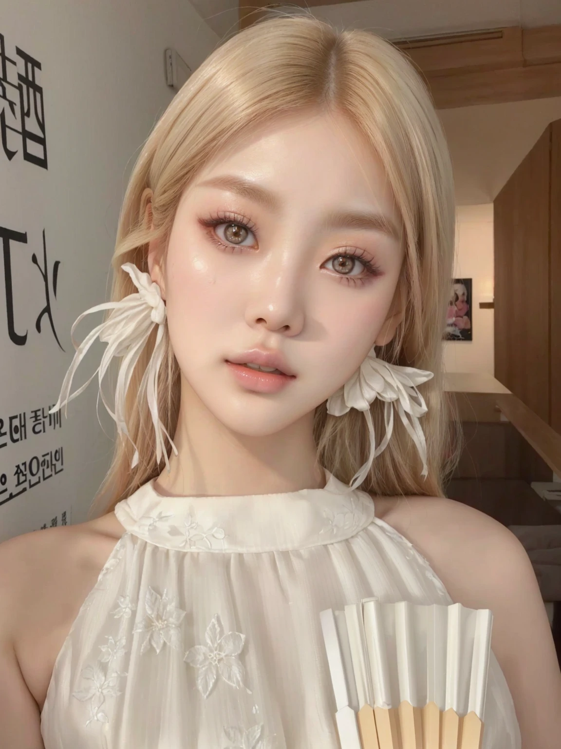 a close up of a woman holding a fan and a fan, popular south korean makeup, popular korean makeup, white hime cut hairstyle, roseanne park of blackpink, ulzzang, beautiful pale makeup, pale milky white porcelain skin, beautiful aesthetic face, pale porcelain white skin, beautiful south korean woman, young adorable korean face, gorgeous young korean woman, beautiful young korean woman , blackpink jennie , blackpink Lisa , asian famale face , cute girl , Korean famale