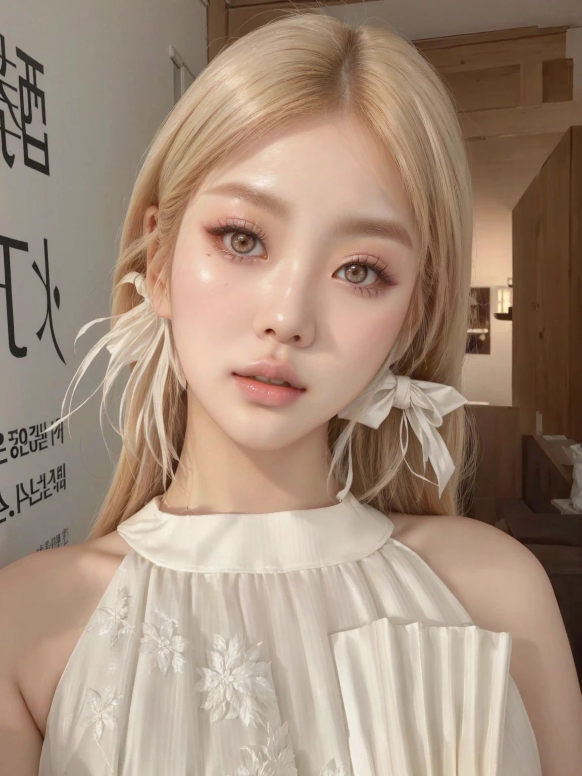 a close up of a woman holding a fan and a fan, popular south korean makeup, popular korean makeup, white hime cut hairstyle, roseanne park of blackpink, ulzzang, beautiful pale makeup, pale milky white porcelain skin, beautiful aesthetic face, pale porcelain white skin, beautiful south korean woman, young adorable korean face, gorgeous young korean woman, beautiful young korean woman , blackpink jennie , blackpink Lisa , asian famale face , cute girl , Korean famale