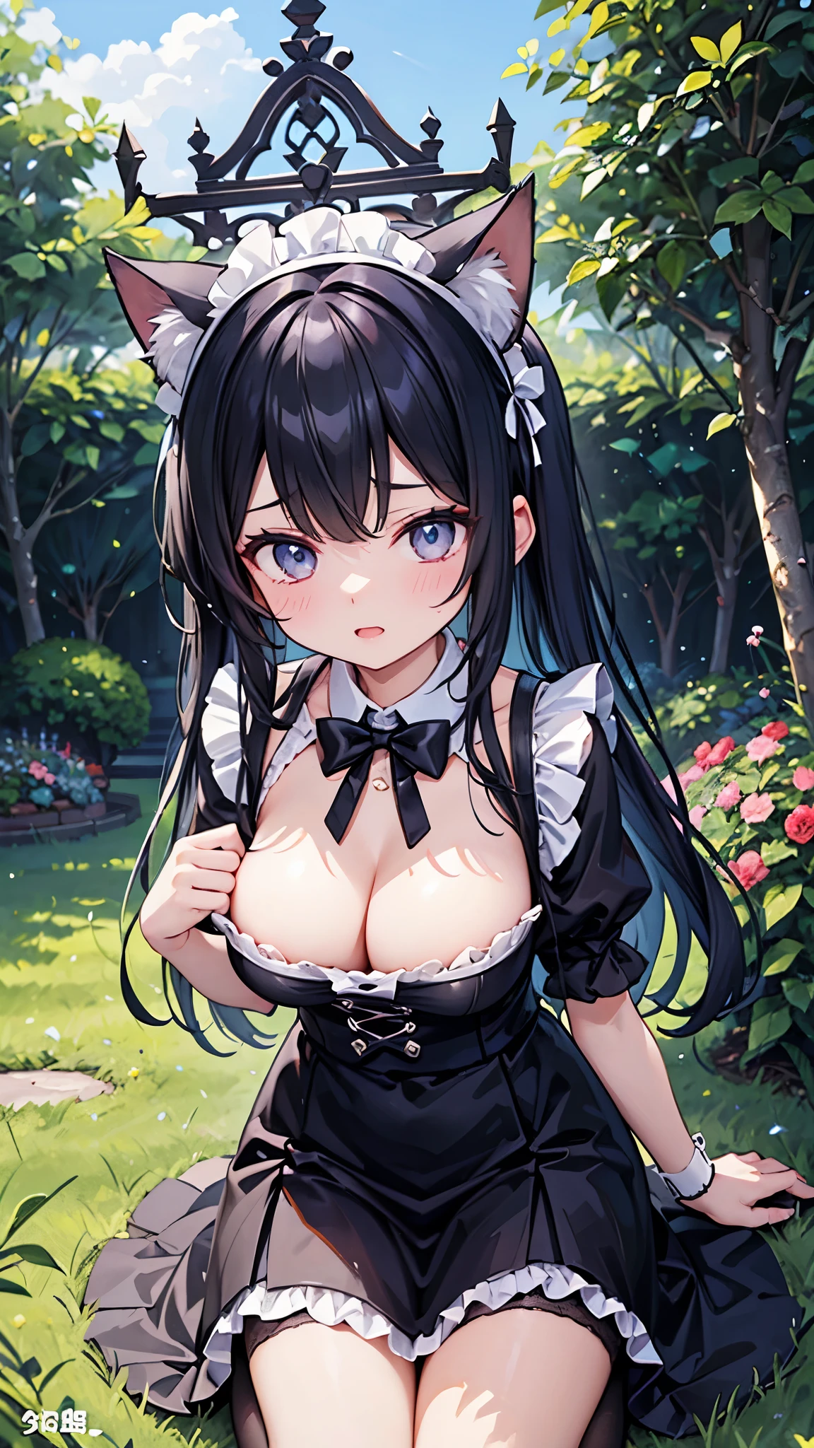 Busty Cat Maid、Open chest、Cleavage、Female about 20 years old、Black cat hair、Perfect body、clumsy person、scatterbrain、Garden