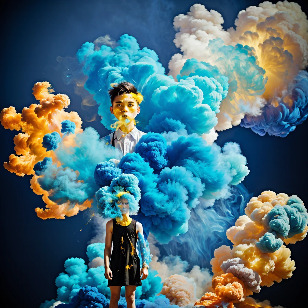 1Man handsome ,Colored smoke background,light blue dress,standing,upper body,Explosion smoke,yellow background,looking at the viewer,head_down,