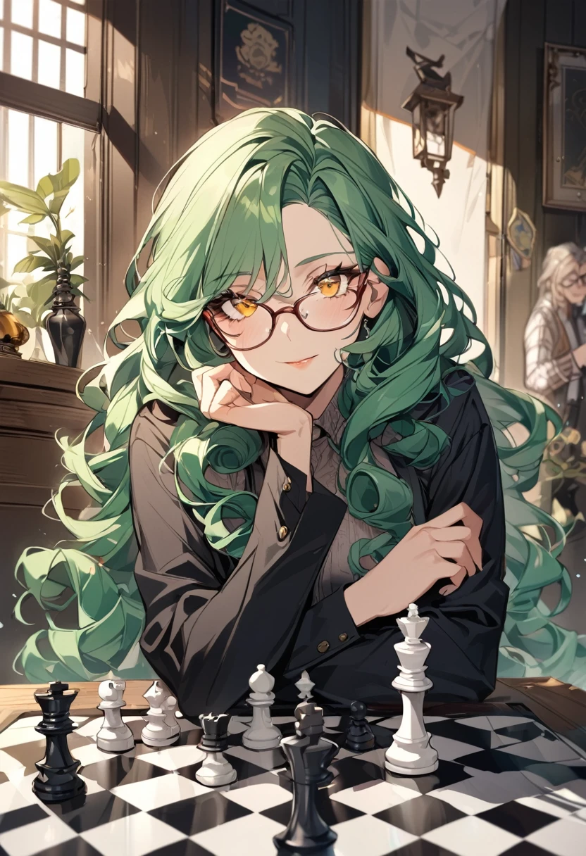 girl, curly hair, long hair, yellow eyes, green hair, mature, glasses, beautiful, chess