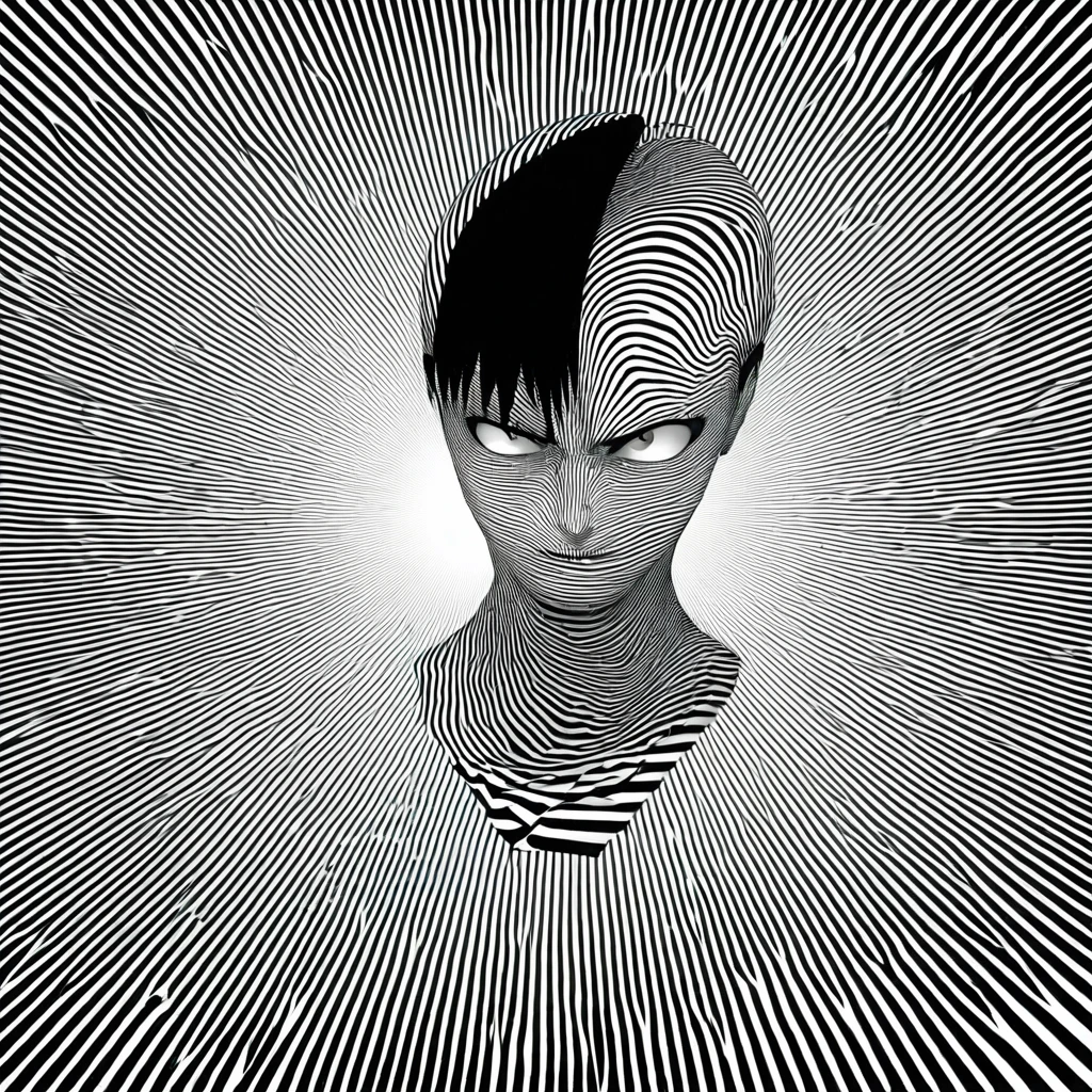 Draw a black and white illustration in gothic manga style. The image must show the face of a teenager with a serious expression, short black hair, vestindo um terno. Only the neck upwards should be visible. The background should have crooked black and white stripes to create a distorted and dynamic effect.
