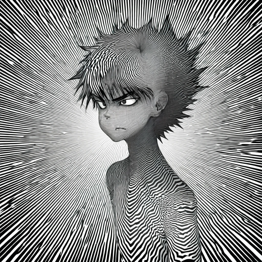 Draw a black and white illustration in gothic manga style. The image must show the face of a ager with a serious expression, short black hair, vestindo um terno. Only the neck upwards should be visible. The background should have crooked black and white stripes to create a distorted and dynamic effect.