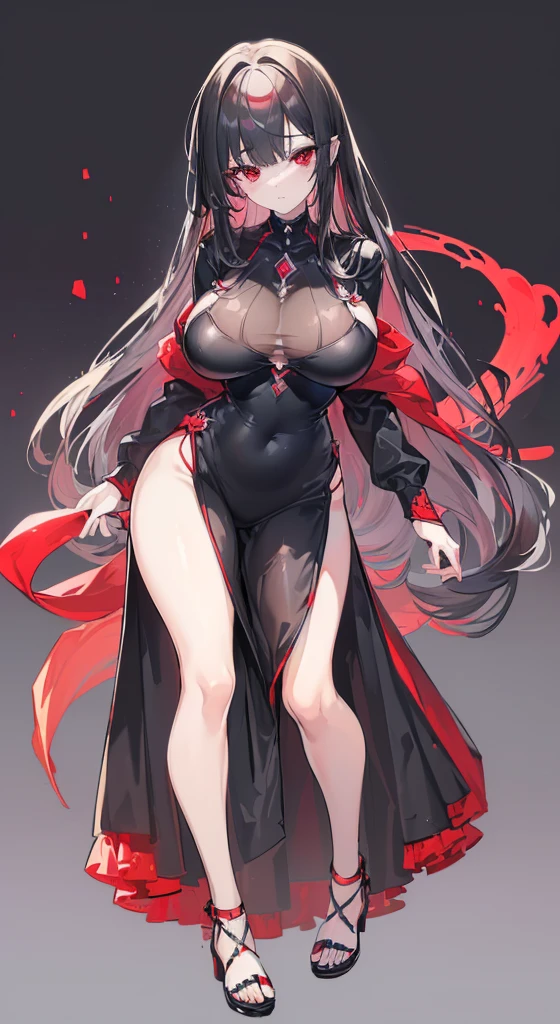(Exquisite eyes),(Clear and beautiful eyes:1.61),masterpiece, ung girl,(Black clothes and some red gems), Black long hair, (She has a huge red gem on her chest), Good Hand,((The Havoc of StarCraft)),full-body shot,Fighting Stance,(Red Eyes:1.466),short and small,(Very big breasts:1.35),(Pretty Face),(full-body shot:1.33),Beautiful hands
