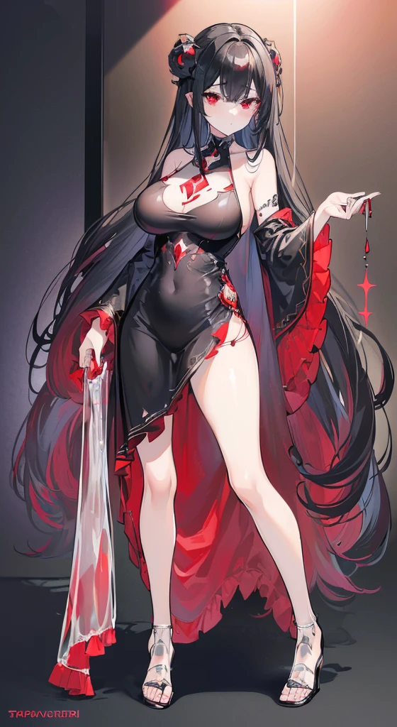 (Exquisite eyes),(Clear and beautiful eyes:1.61),masterpiece, 1 young girl,(Black clothes and some red gems), Black long hair, (She has a huge red gem on her ), Good Hand,((The Havoc of StarCraft)),full-body shot,Fighting Stance,(Red Eyes:1.466)，short and small,(Very :1.35),(Pretty Face),(full-body shot:1.33),Beautiful hands