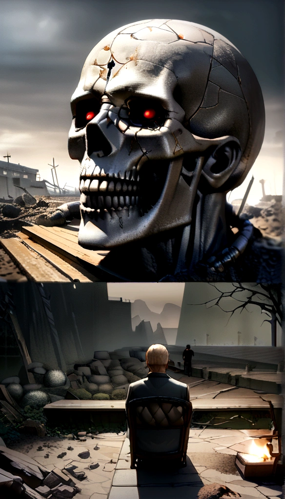 The nuclear explosion behind、After a nuclear war、humanity died、Photorealistic dark concept art, Apocalyptic Art, very realistic concept art, detailed horror images in 4k format, 4Kvery detailedなデジタルアート, Concept Art and 4K Hyperrealism, eerie nostalgic concept art, surreal concept art、The World of Death, Reminds me of death, chaos、Ashes tremble、Floating debris、The World of Death、Grave marker、(photo is real:1.4)、shot on canon 5d mk4, снято на Canon EOS 5 D Mark IV, Shot on Canon EOA 6 D Mark II, very detailedな質感、very detailed, finely detail, masterpiece, top quality, ultra detailed、dust、wind、(Man and woman sitting next to each other on a bench、Witness the end of humanity)、dystopian、Verism