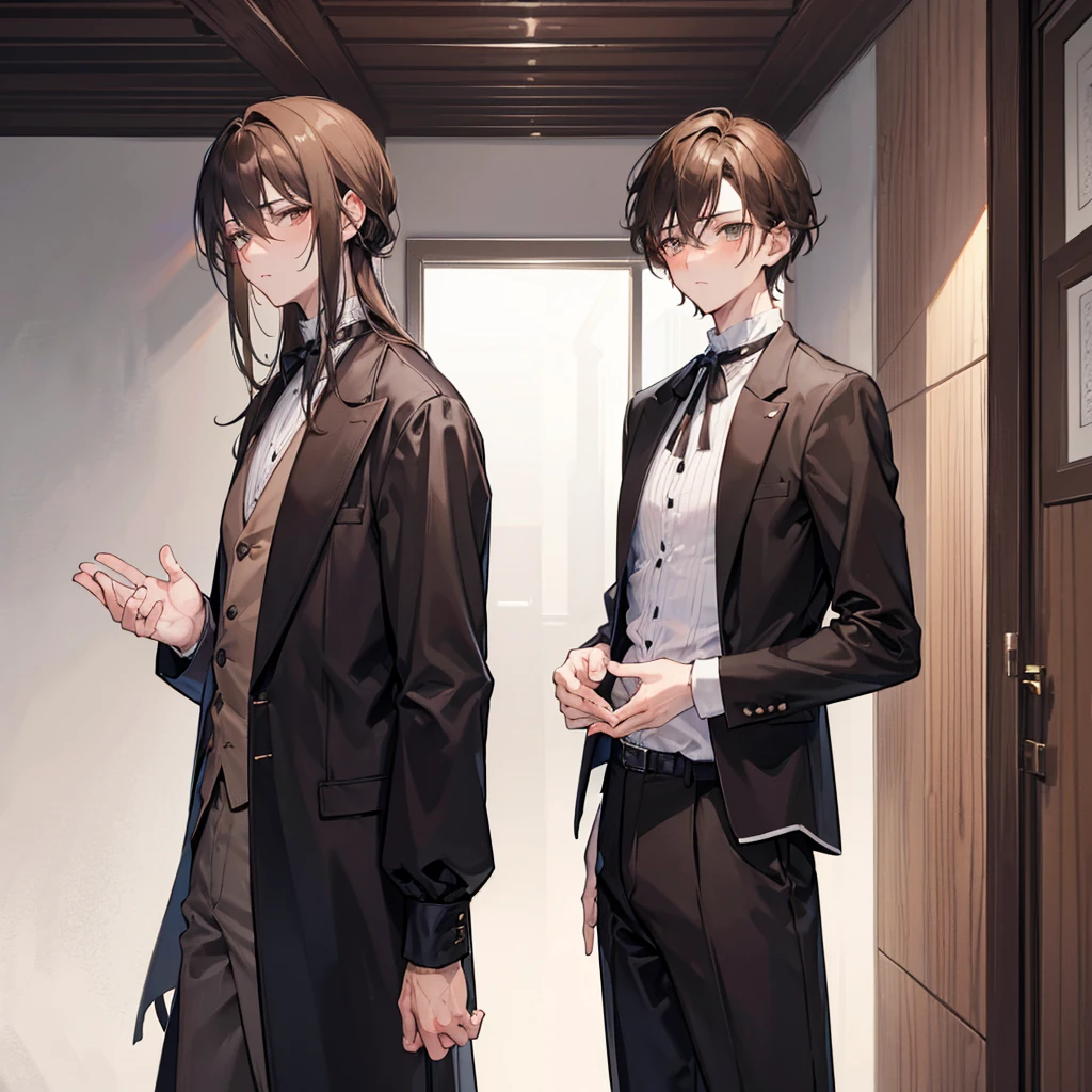 Two boys, one taller man holding the smaller man chin, the tall man has dark eyes and hair, and he's wearing dark clothes, while the smaller man has fluffy light brown hair, and light brown eyes, he looks at the tall guy blushing and holding on hie clothes
