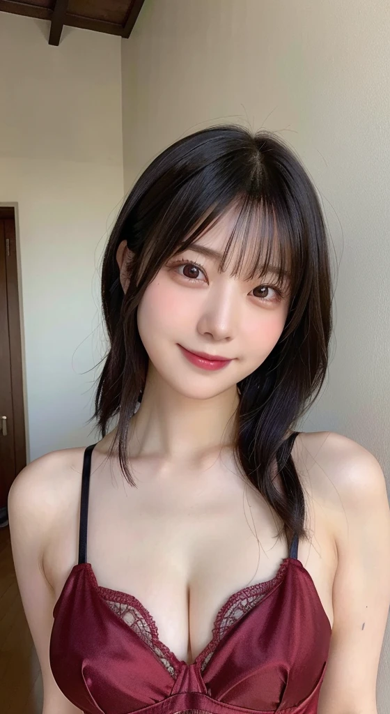 (Highest quality,masterpiece:1.3,超A high resolution,),(Ultra-detailed,Caustics,8K),(Ultra-dense skin,Photorealistic:1.4,RAW shooting,),,,1 girl,Japanese,20-year-old,cute,Black-haired,short hair,(Large ),A happy smile,Looking at the camera,Natural soft light、My  is open、Red 、whole body、Standing posture