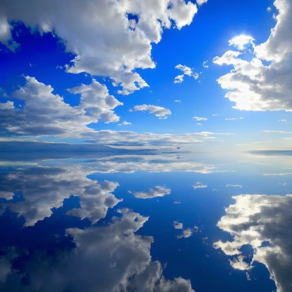 clouds are reflected in the water of a lake with a boat, marvellous reflection of the sky, beautiful reflexions, clear reflection, mirror like water, still water calm as a mirror, beautiful reflections, incredible reflections, constructed upon salar de uyuni, infinite reflections, blue reflections, at the salar de uyuni, amazing sky, amazing wallpaper