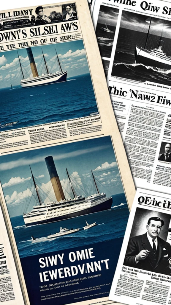 An image juxtaposing Quimby’s flight with a newspaper headline about the Titanic sinking, highlighting the overshadowed news.