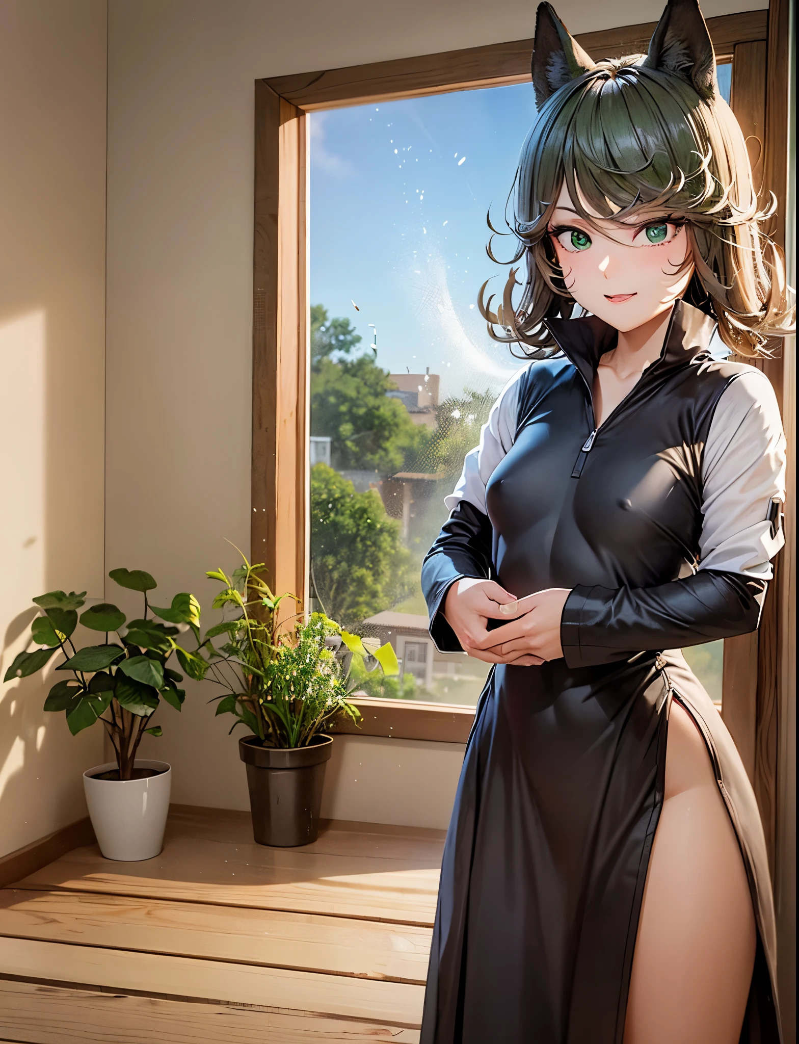 pov doorway, 1girl, solo, standing, smile, closed mouth, cowboy shot, opening door,
rice shower \(umamusume\), green eyes, (window:1.1), (small breasts:1.1), bed, shadow,short black dress