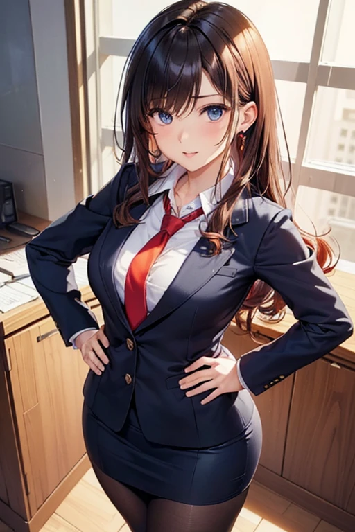 #Basics A girl is posing for a photo, animeのかわいい女の子, (((One Girl, Baby Face, Young girl, 16 years old))), 
BREAK 

#Clothing Accessories 
(Matte blue suit : (Suit jacket) + Clean white blouse + Slim pencil skirt + (Red tie)), (Sheer black pantyhose + Black High Heels), 
(Silver Necklace, silver earrings), 
BREAK 

#Features 
((Red hair), (Chest-length sideburns + Curly hair), (Long Hair : Very long hair + Curly Hair + Curled up + Plump and voluminous)), 
(Droopy eyes,blue eyes), (Small breasts), 
BREAK 

#expression 
(smile, 楽しいexpression), 
#background environment 
((noon, Sunshine, Corporate office in a modern building)), 
#composition 
((Face the camera + Angle from the feet, Confident and powerful pose with hands on hips, A commanding presence, Cowboy Shot)), 
BREAK 

#Body parts elements 
(Symmetrical  features), 
(Detailed hair, Beautiful Hair, Shiny Hair), 
(double eyelid, Long eyelashes), 
(Expression of fine eyes, Beautiful and delicate eyes, Sparkling eyes, Eye Reflexes), 
(Human Ear), 
(Beautiful Nose, Thin Nose), 
(Glossy lips, Beautiful Lips, Thick lips), 
(Detailed skin, Textured skin, Beautiful Skin), 
BREAK 

#Quality 
(((Highest quality)), ((masterpiece)), ((Very detailed))), ((High resolution), (16K,1080P)), 
(Realistic), (Anatomically correct), 
((comics, anime)), (3DCG), CG illustration,
