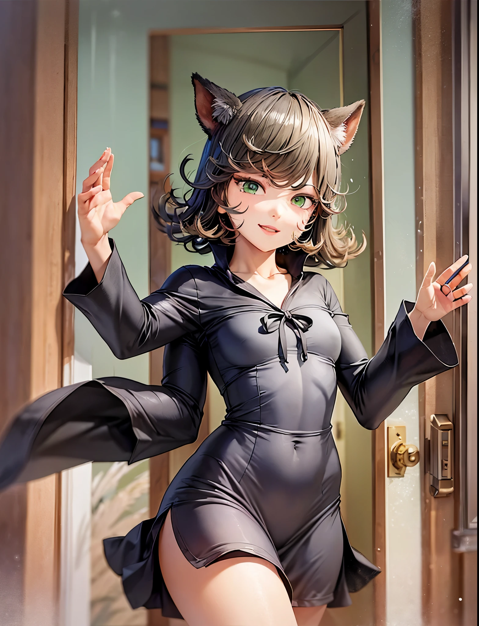 pov doorway, 1girl, solo, standing, smile, closed mouth, cowboy shot, opening door,
rice shower \(umamusume\), green eyes, (window:1.1), (small breasts:1.1), bed, shadow,short black dress
