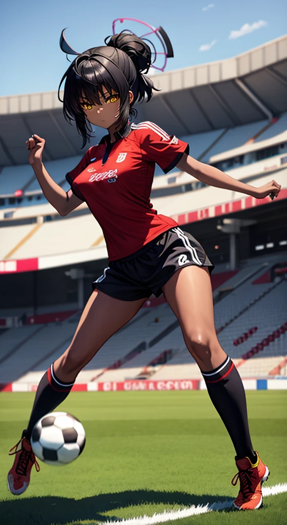Black anime girl, black hair tied up, wearing dar blue and red and white soccer kit, wearing soccer boots, on the stadium, kicking ball