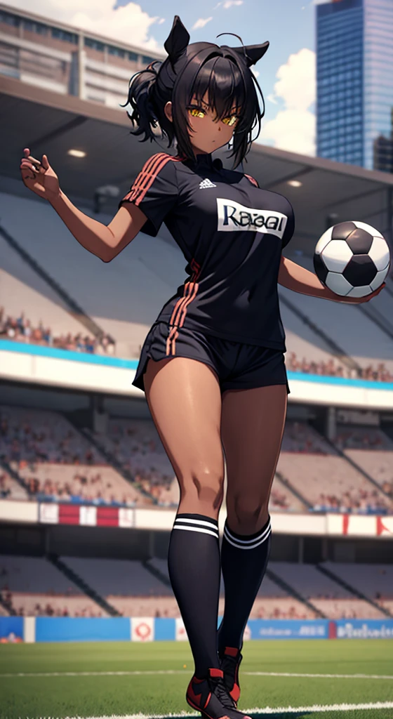 Black anime girl, black hair tied up, wearing dar blue and red and white soccer kit, wearing soccer boots, on the stadium, kicking ball