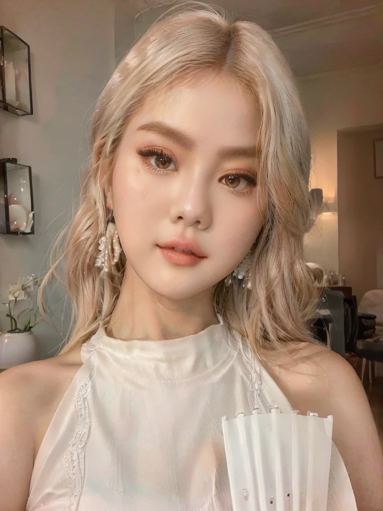 a close up of a woman holding a fan and a fan, popular south korean makeup, popular korean makeup, white hime cut hairstyle, roseanne park of blackpink, ulzzang, beautiful pale makeup, pale milky white porcelain skin, beautiful aesthetic face, pale porcelain white skin, beautiful south korean woman, young adorable korean face, gorgeous young korean woman, beautiful young korean woman , blackpink jennie , blackpink Lisa , asian famale face , cute girl , Korean famale