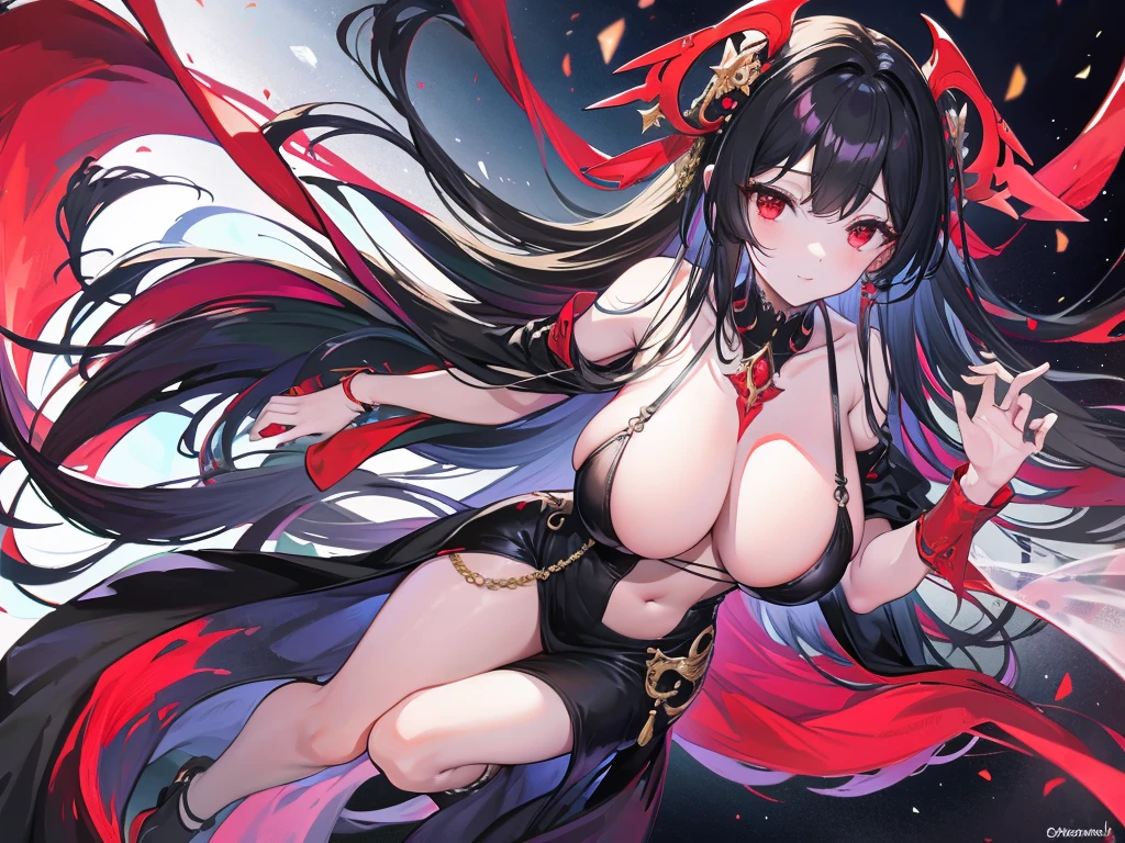 (Exquisite eyes),(Clear and beautiful eyes:1.61),masterpiece, 1 young girl,(Black clothes and some red gems), Black long hair, (She has a huge red gem on her chest), Good Hand,((The Havoc of StarCraft)),full-body shot,Fighting Stance,(Red Eyes:1.466)，short and small,(Very big breasts:1.35),(Pretty Face),(full-body shot:1.33),Beautiful hands