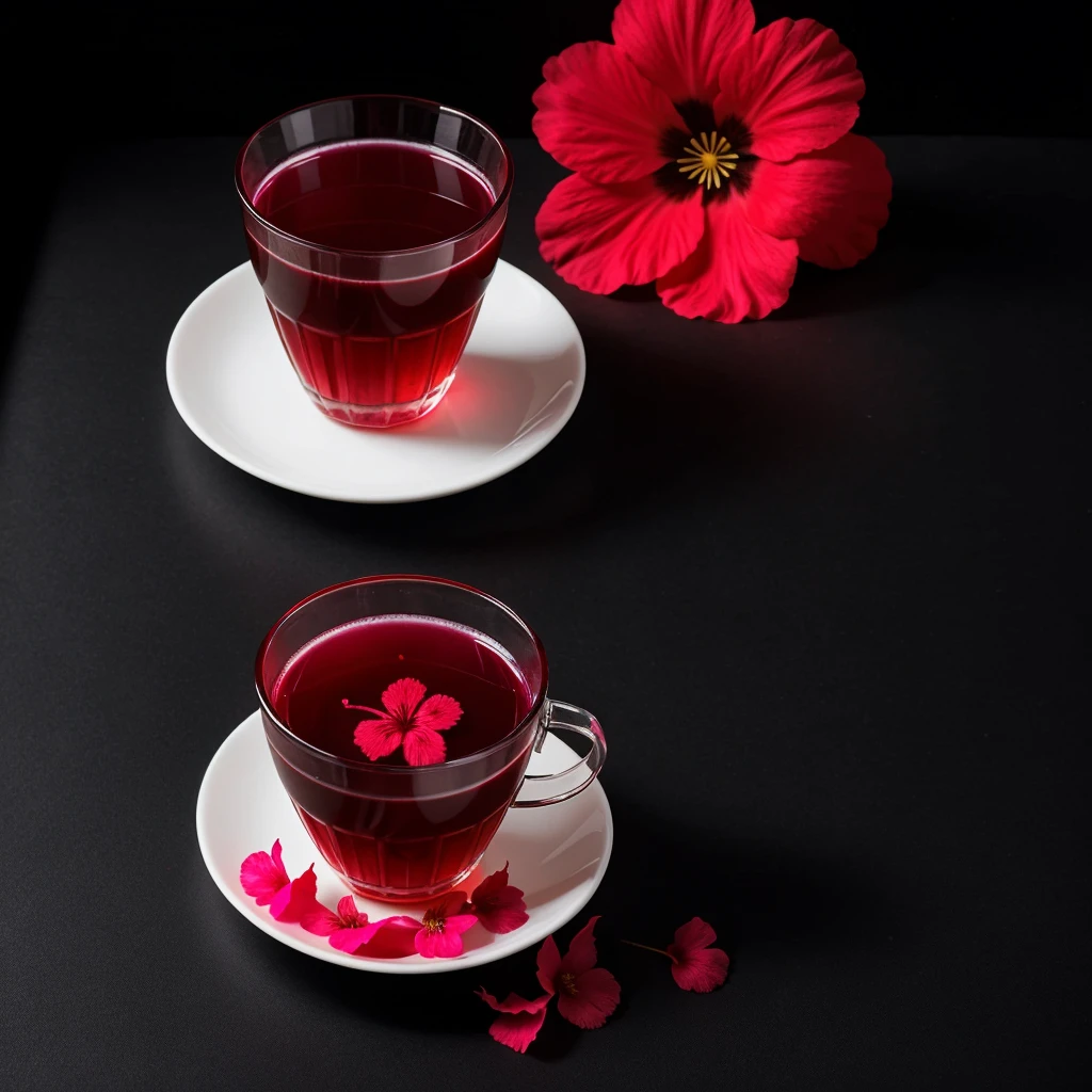 put a professional black background , On this side is a transparent cup with hibiscus tea. , that most of the bottom is empty and the cup has to be in the corner.