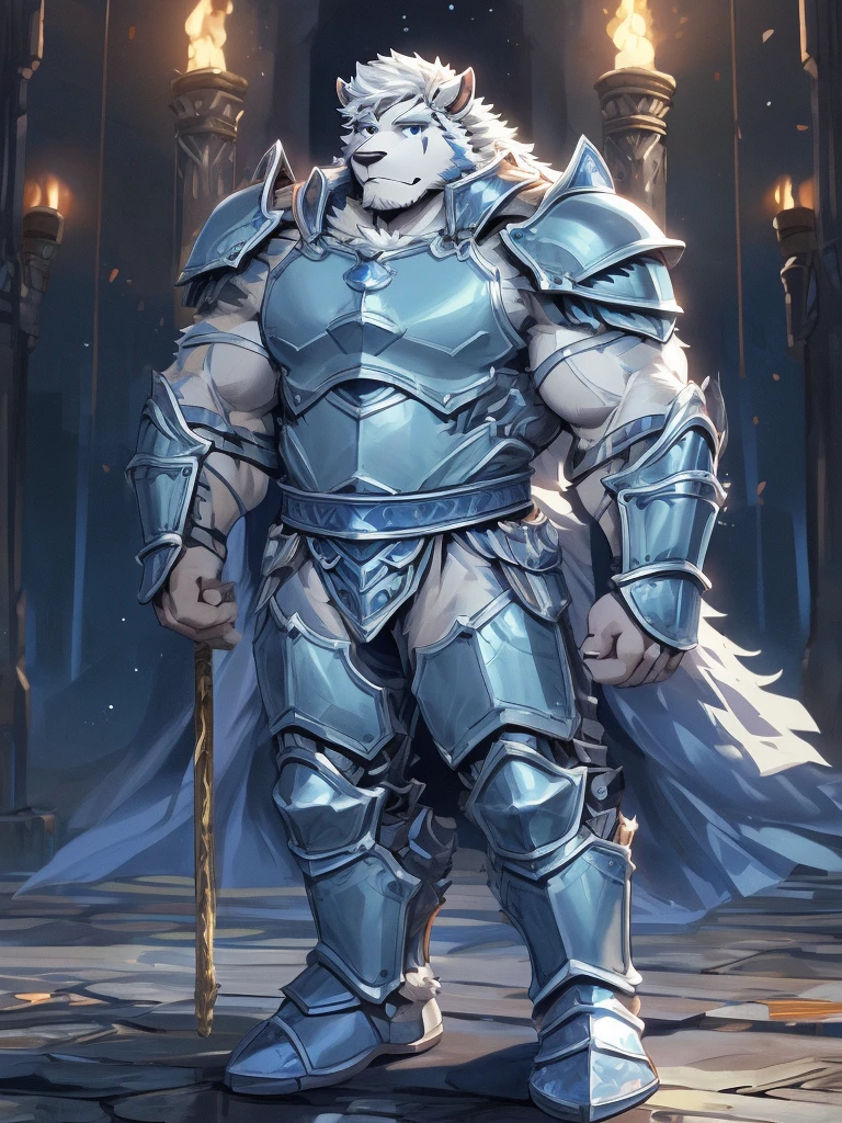 a furry sheep, white fur, shoulder long hair, handsome, slim fit, fit build, paladin, ((white sheep), ((dark blue paladin armor)), furry art, full body, mature, tall, daddy, muscular, silky hair,
