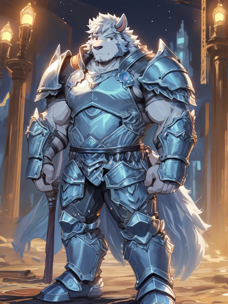 a furry sheep, white fur, shoulder long hair, handsome, slim fit, fit build, paladin, ((white sheep), ((dark blue paladin armor)), furry art, full body, mature, tall, daddy, muscular, silky hair,